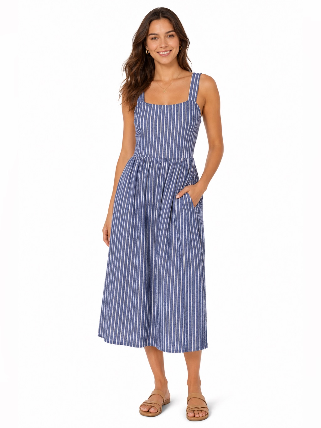 Who What Wear Coastal Blue & White Striped Cutout Back Midi Dress Size Small